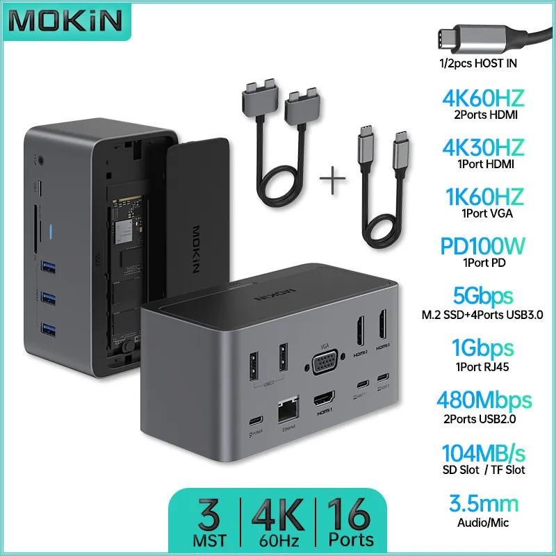 MOKiN 16Ʈ USB C  | MacBook Pro/Air 4K 60HZ 10bit 3 HDMI + VGA, RJ45, SD/TF, PD, M.2 SSD Ʈ